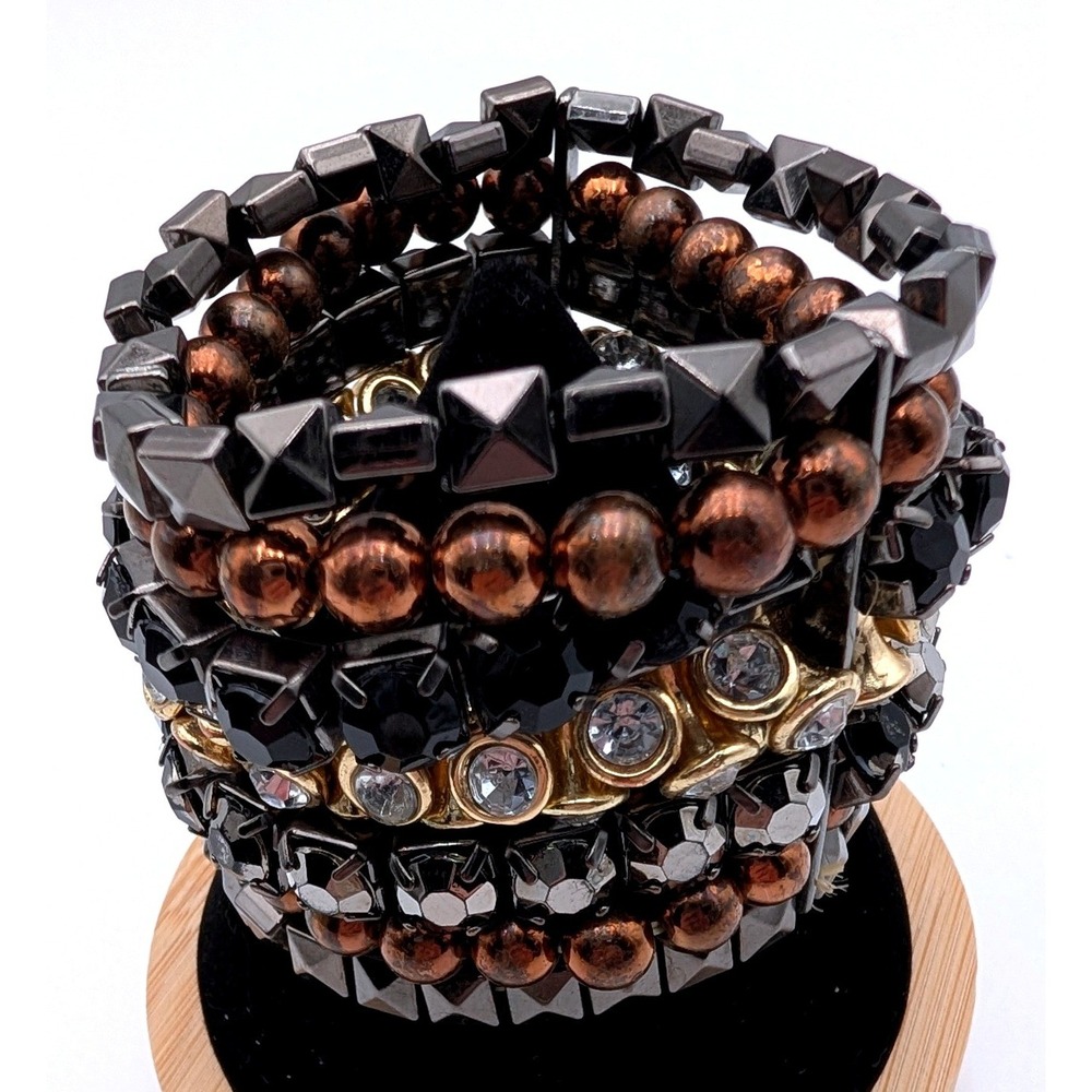 Mixed Metal Studded Stretch Cuff Bracelet Gunmetal‎ Bronze Rhinestone Statement